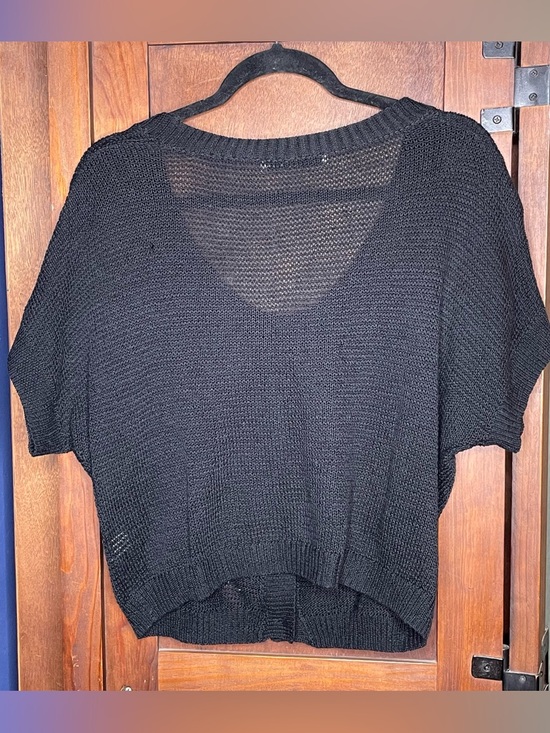 Trina Turk Black Cotton Knit Cardigan Sweater Short Sleeve Button Front Casual M - Picture 3 of 4